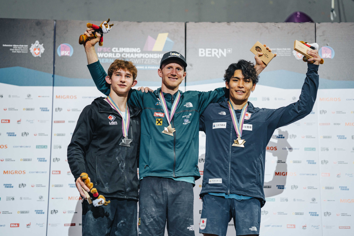 Jakob Schubert, Colin Duffy and Tomoa Narasaki all podium in the Combined (B&L) Final at the World Championships in Bern and qualify for the Paris 2024 Olympic Games. Photo: Lena Drapella/IFSC
