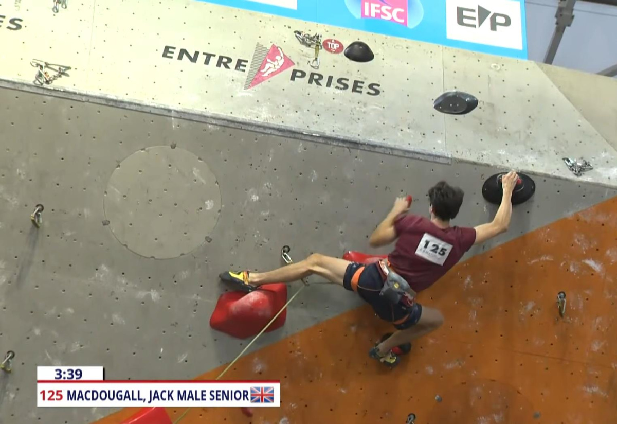 Jack MacDougall on the headwall and taking the 2024 Lead Title. Screenshot BMC
