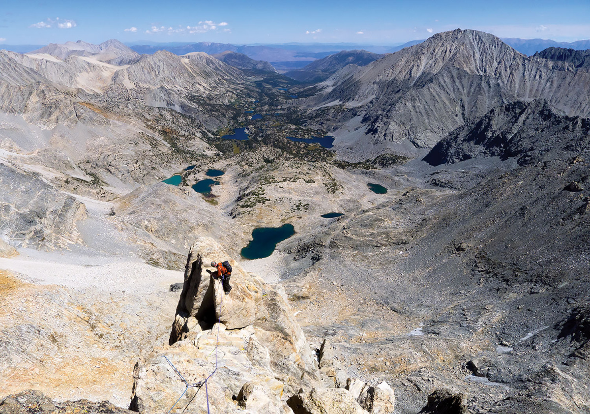 Brian O'Connor moving well on the West Ridge of Mount Conness. Probably the best 5.6 ridge in the Sierra with great positions and fantastic climbing. Photo: Bruce Goodlad