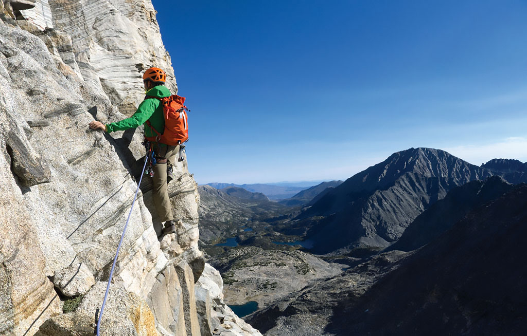 Bruce Goodlad high on the North East Ridge (5.5) on Bear Creek Spire. Photo: Bruce Goodlad Collection