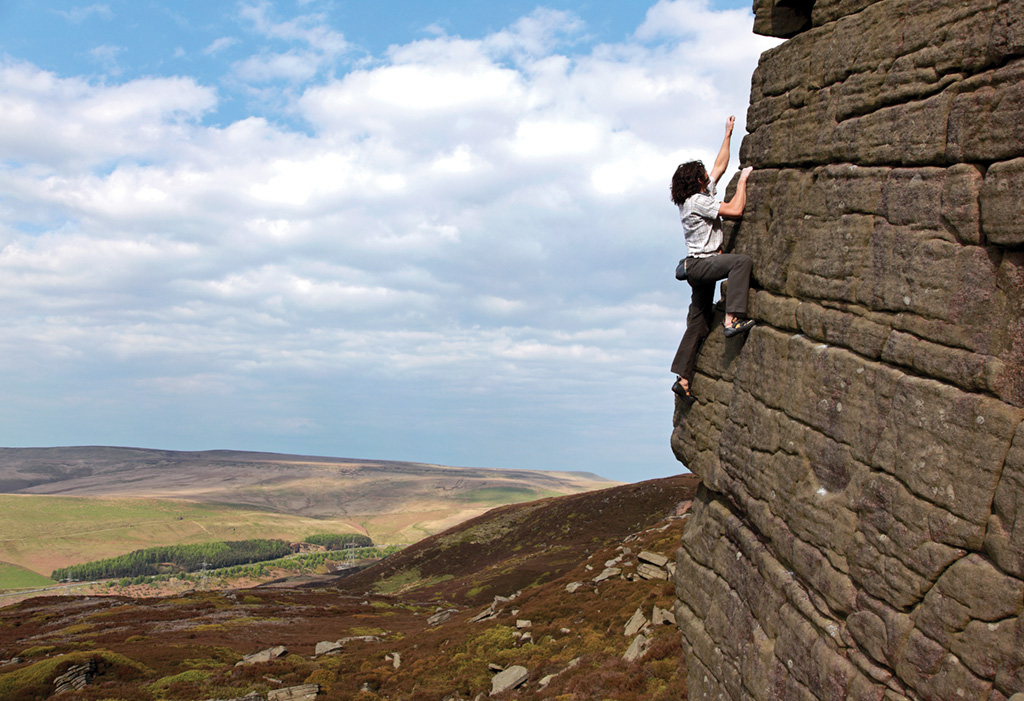 Andi Turner soloing Left Route (VS 4c) on the often neglected, but very good, Lower Tier. Whilst not mentioned in the article it's worth a look and is on the small wall beneath the striking rib of Bloodrush. Photo: © David Simmonite