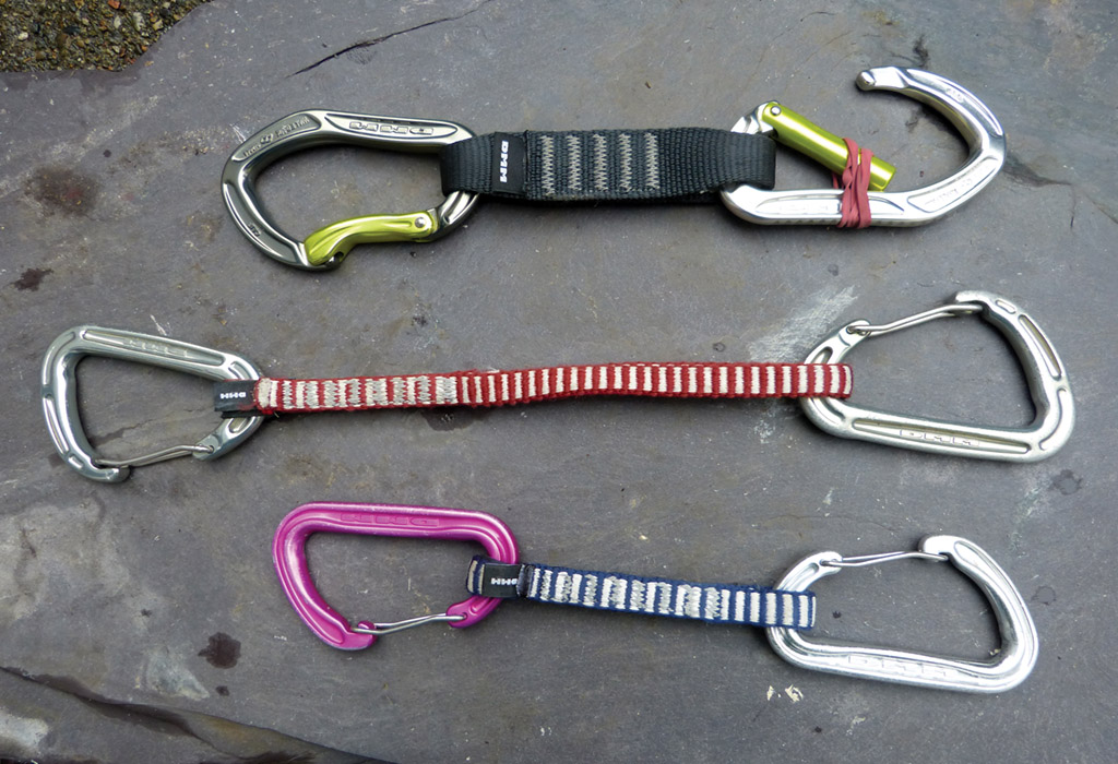A selection of quickdraws, either lightweight wire gate designs or chunkier ’draws more suited to sport climbing. Photo: Graham Desroy