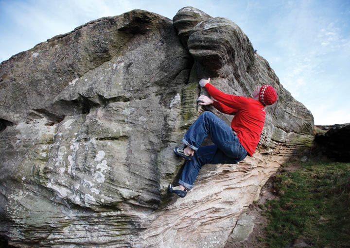 Gus Hudgins climbing Classic Arête (Font 6a+), Shaftoe. Photo: © David Simmonite