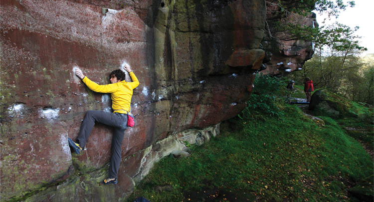 Left of the Main Crag (in the distance) is this delightful short and sweet number Rocket Ride (Font 6c+) with Andi Turner climbing. Photo: © David Simmonite